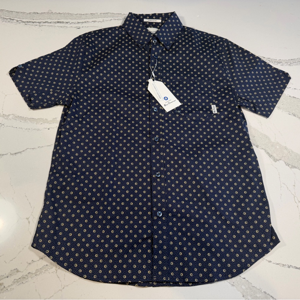 NWT Ben Sherman Maritime Blue ivory dots button-down shirt mens Small